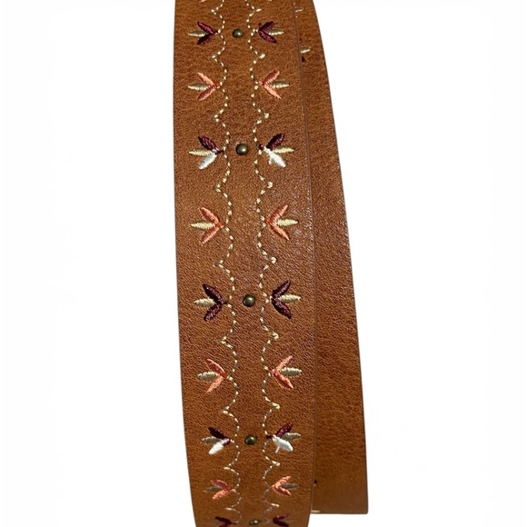 Embroidered Brown Leather Belt with Brass Oval Buckle Embroidered Brown Leather Belt with Brass Oval Buckle main image 4